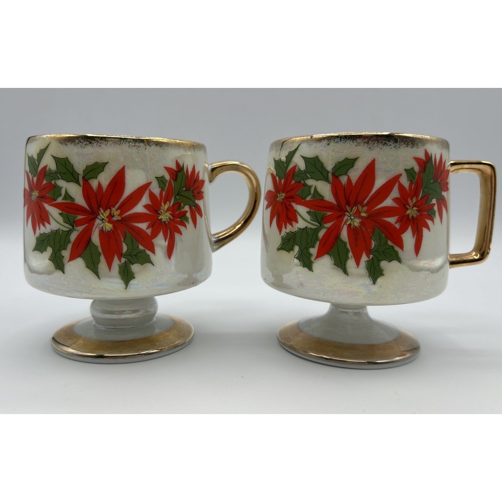Vintage MCM Poinsettia Glass Mug Set Pedestal Footed Iridescent Lustre Gold Trim